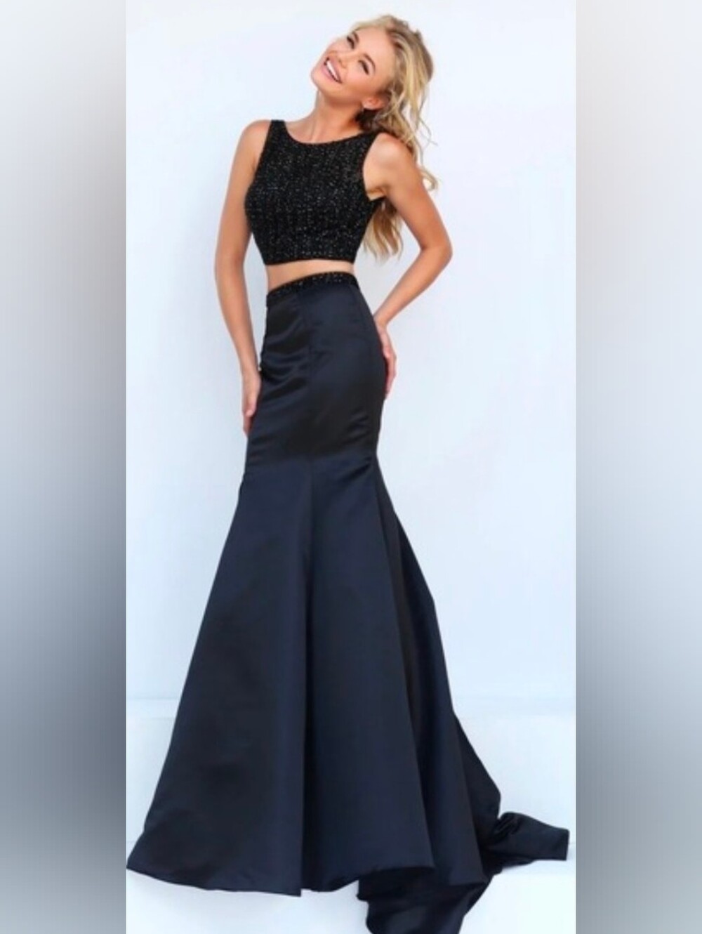 Sherri Hill NWT Black Two Piece Mermaid Maxi Gown Dress Size 0 #50098